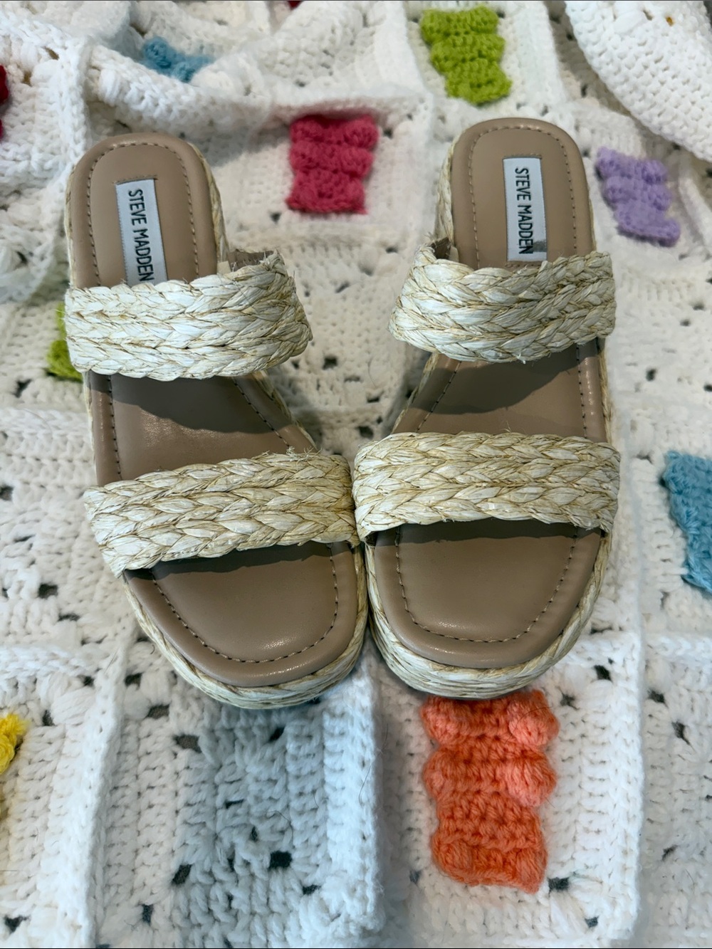 Steve Madden Womens Natural Braided Double-Strap Slide Sandals Size 8